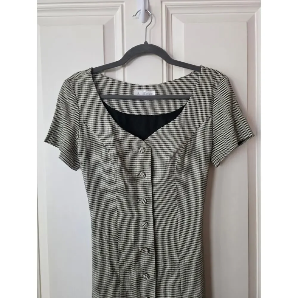 Vintage Ann Taylor Houndstooth Midi Dress Size 6 Black White Button Front 90s - Picture 2 of 7